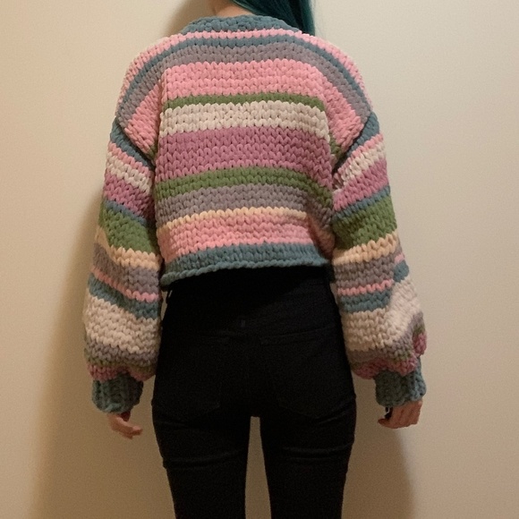Pink Gray Tan Green Striped Star Graphic Chunky Chenille Knit Crop Sweater Y2k - Picture 2 of 4